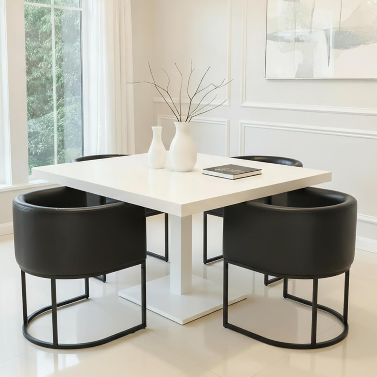 HNY Mid Century Modern Upholstered Barrel Black Dining Chair with Arms, Leather Kitchen & Dining Room Chair, 18.5" Wide Accent Chair for Dining Room Living Room with Black Metal Frame