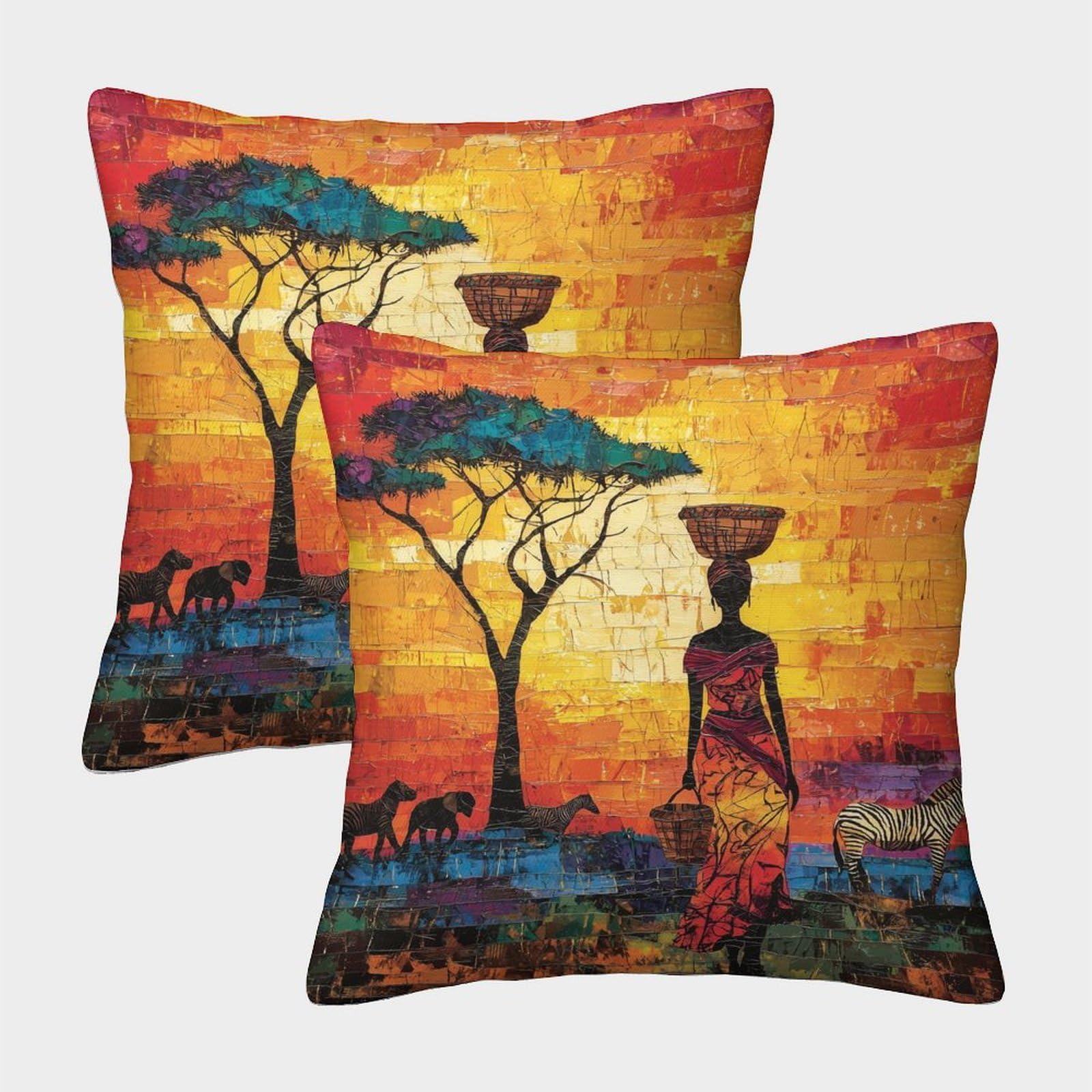 kaiyun 2 Pack African Woman,Acacia Tree on The African Savannah Square Pillow Cover Cushion Cover 40x40cm Suitable for Sofa Bed Chair,3D Pattern