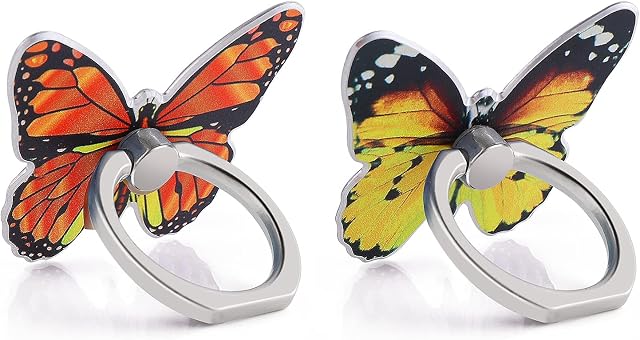 Cobee Butterfly Cell Phone Ring Stand Holder, 2 Pcs Cute Butterfly Pattern Painted Metal Finger Stand Kickstand 360°Rotation Phone Ring Holder Stand Ring Hand Grip with Knob Loop(Yellow, Orange)