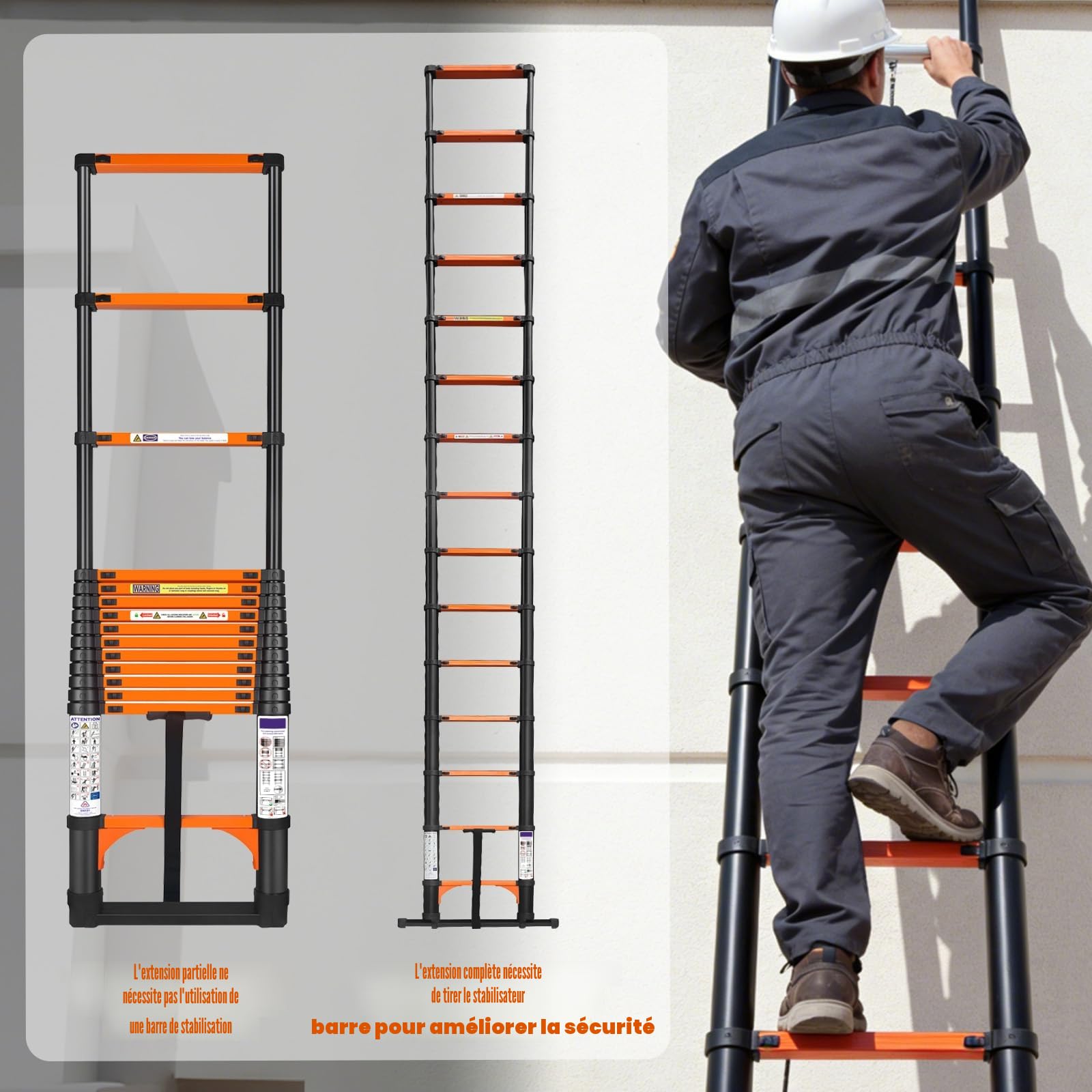 Echelle Telescopique, Échelle Retractable Extensible 4,4M, Orange-Noir | Haute Qualité avec Stabilisateurs et Crochet Amovible, Échelle Droite Robuste et Portable, Maison, Camping‑cars et Greniers