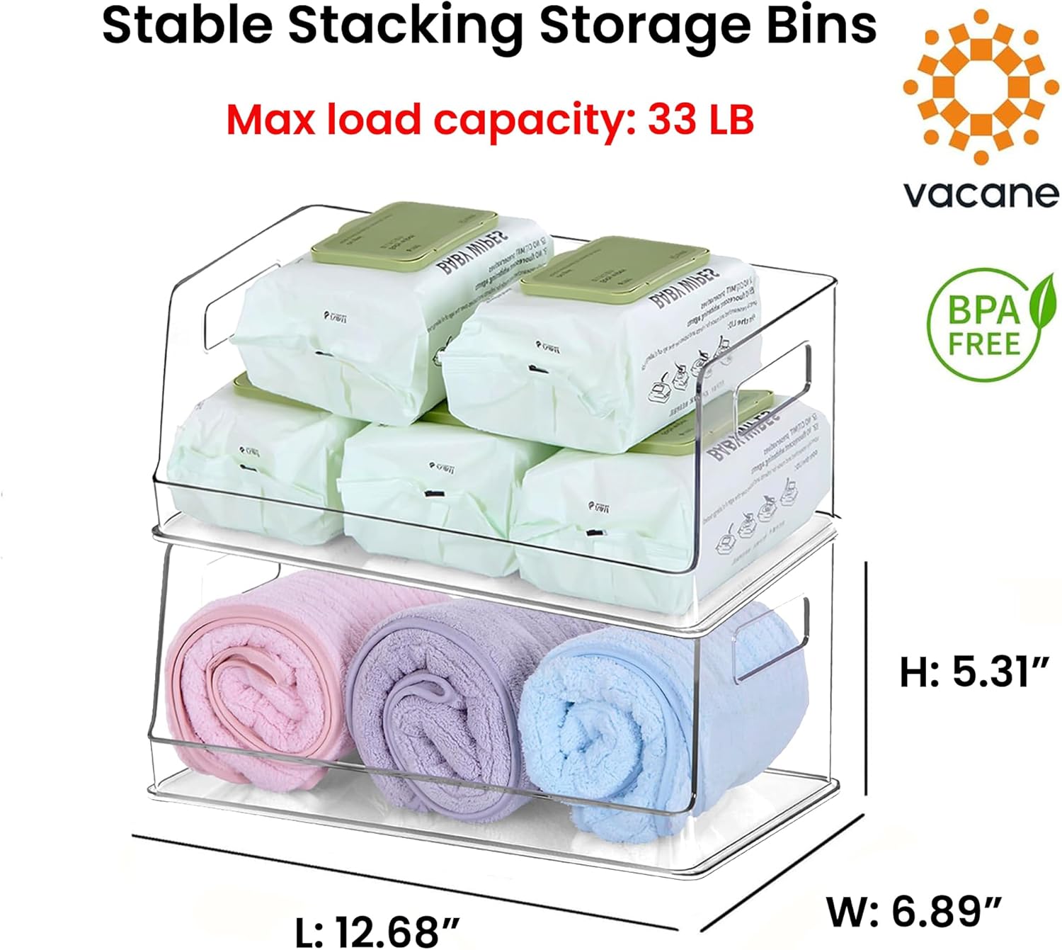 vacane 13" Wide Stackable Storage Bins Open Front, Towel Storage Shelf Snack Organizer Basket for Household Cabinets, Pantry, Kitchen, Bathroom, 2 Pack