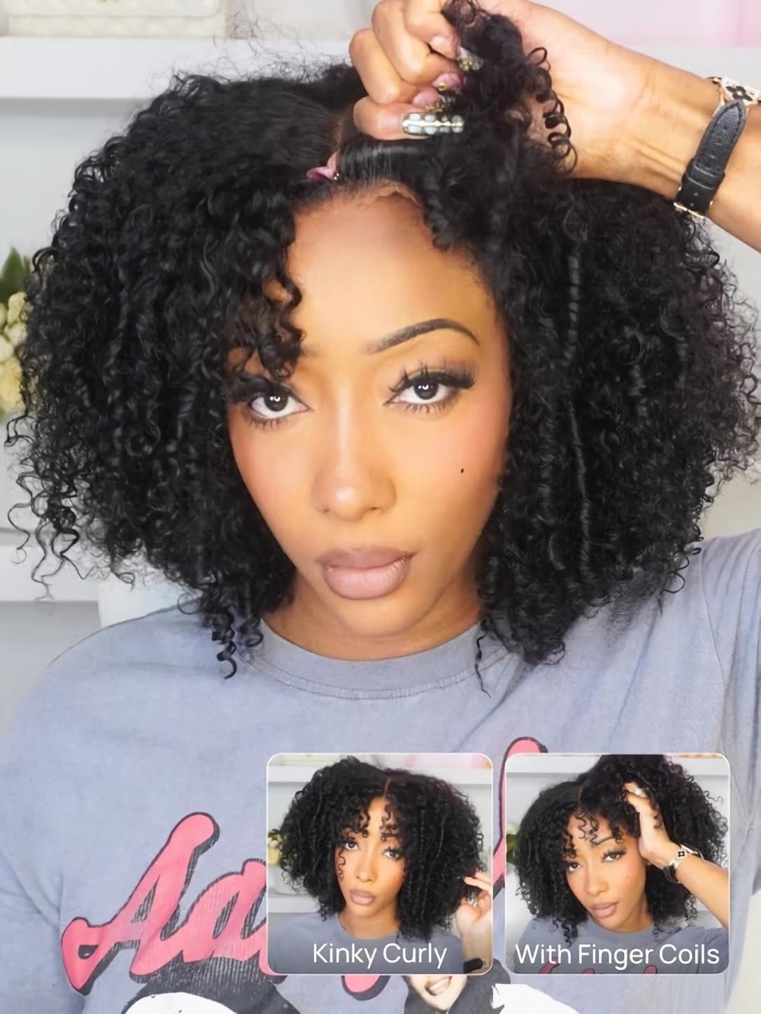 Julia Hair No Slip Afro Kinky Curly 7x5 Glueless Human Hair Wig with Finger Coil Ends HD Lace Closure Drawstring Wigs for Black Women Natural Curls Lace Front Put On and Go Beginner Friendly 18Inch
