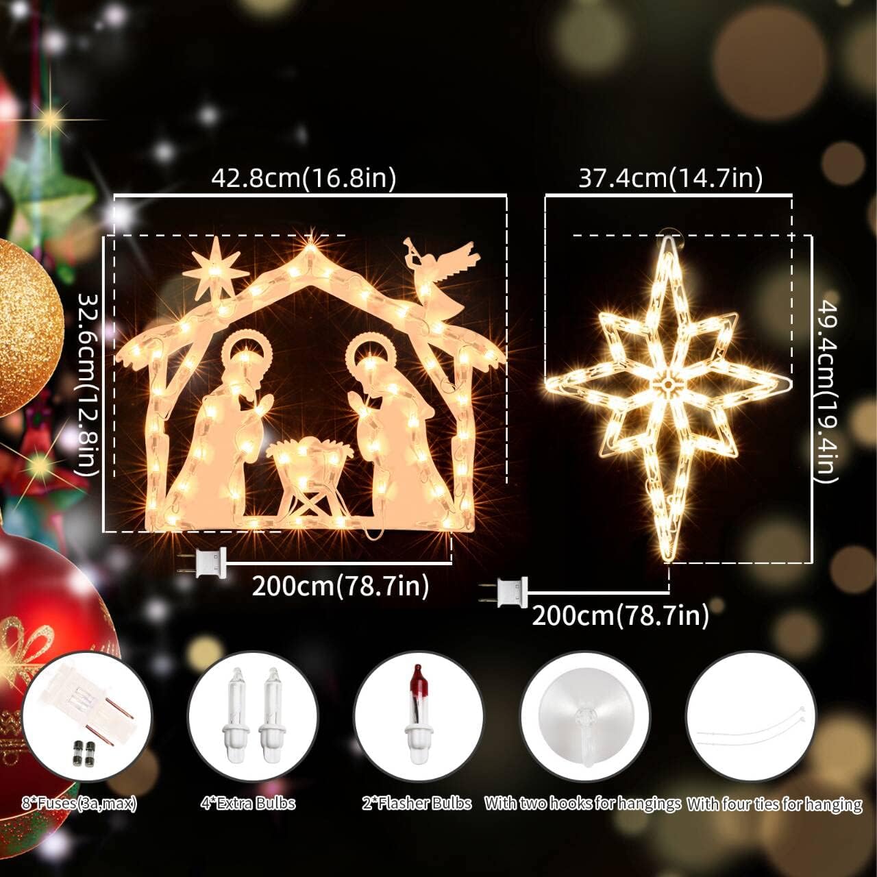 LAMPHOME Lighted Nativity and Bethlehem Star Christmas Window Silhouette Decoration Lights Decorations for Christmas,Party,Home,Patio Lawn,Garden