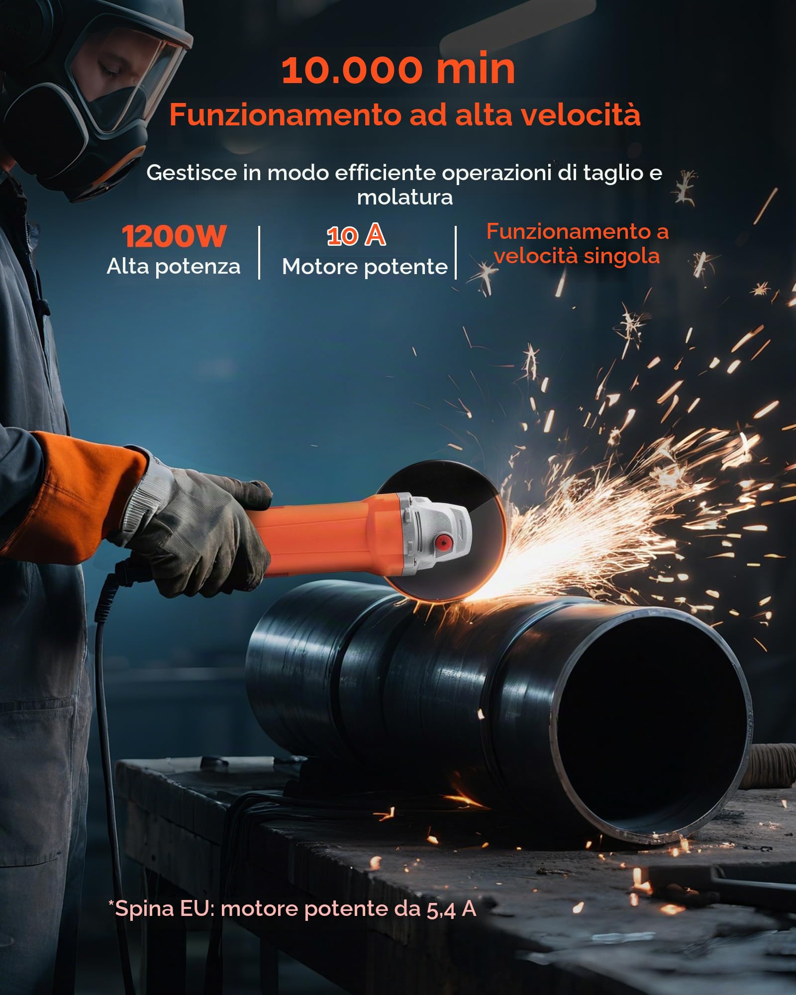 VEVOR Smerigliatrice Angolare, da 127 mm, con Cavo ad Alta Velocità 10,000 giri/min con Protezione Antipolvere Regolabile, Smerigliatrice Angolare per Levigatura di Metalli, Disco non Incluso