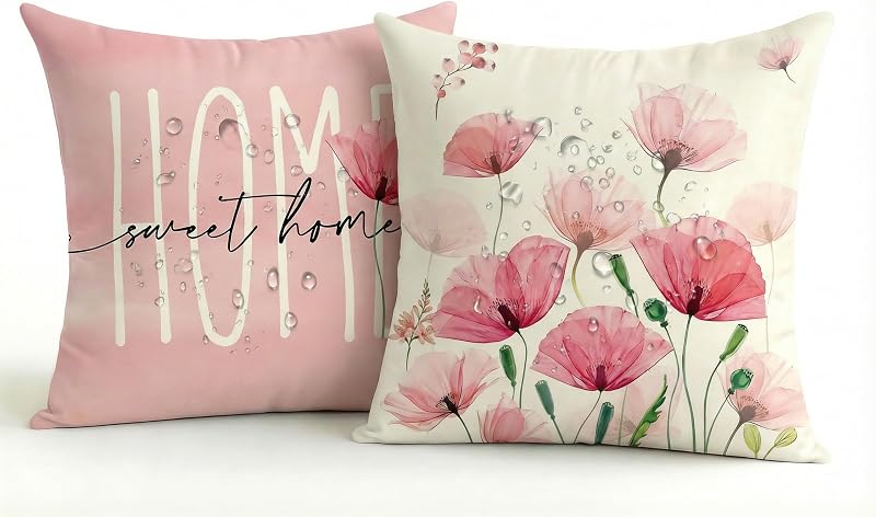 Wasserdichter Outdoor Kissenbezug 40x40, 2er Set Garten Balkon, Doppelseitig Rosa Blumen Design, Modern Dekokissen Leinen-Polyester Mix, Sommerfest für Garten Sofa Couch Wohnzimmer Schlafzimmer