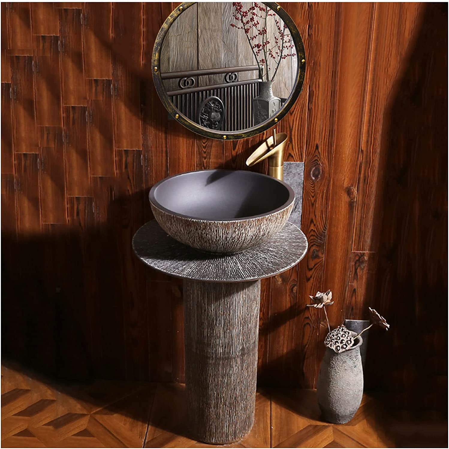 OLSKFUH Freestanding Pedestal Sink Floor Standing Art Sink Pedestal Sink, Contemporary Bathroom Sinks, Compact Corner Sinks, Home Bathroom Kaolin Clay Vessel Sinks Combo For Indo,B-Full Set
