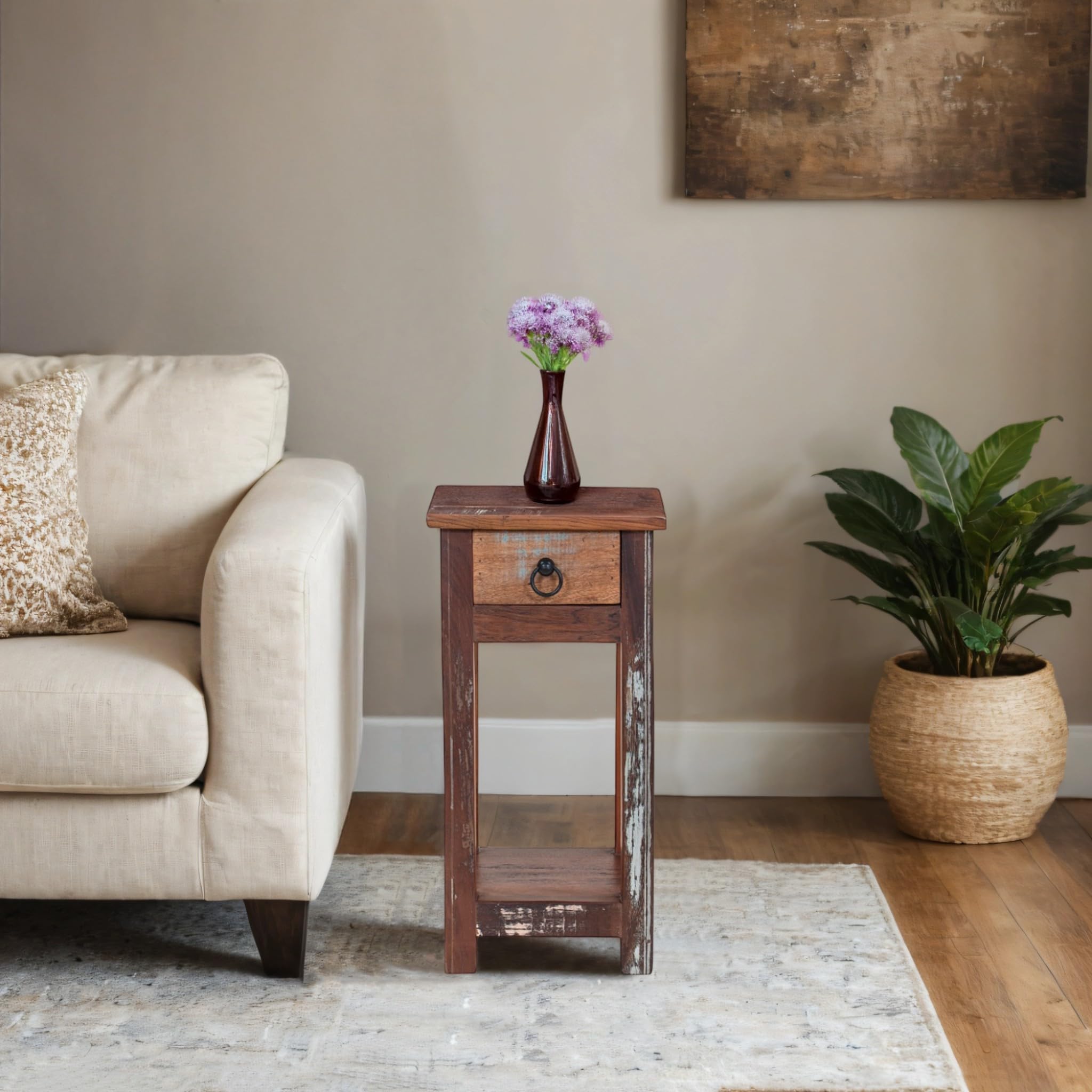 Kraft Creations Rustic Wooden Side Table with Drawer, 24-inch Height, Distressed Brown Finish, 12x12-inch Top-image-47