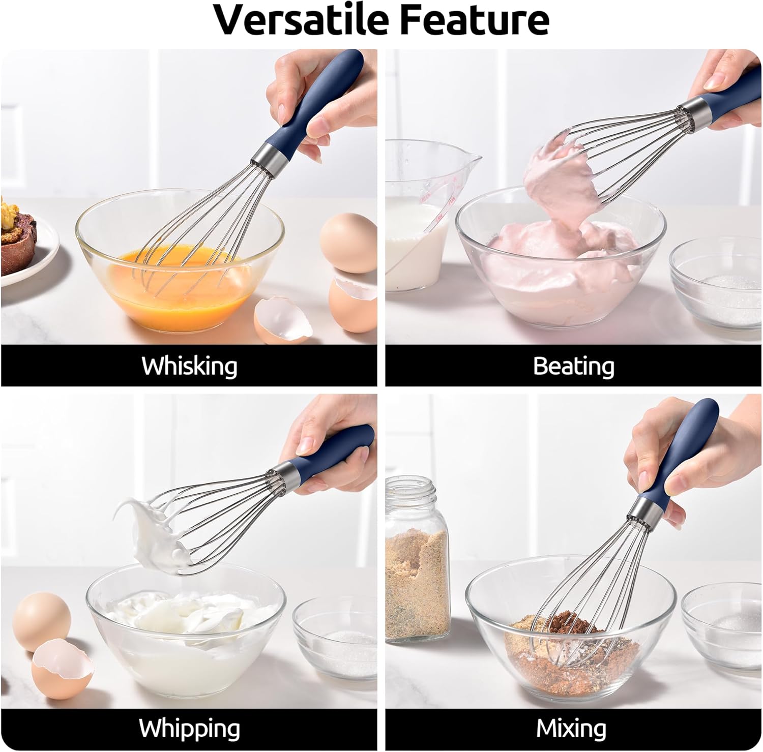 U-Taste 9" Small Egg Whisk: 18/10 Stainless Steel Kitchen Cooking Wire Balloon Wisk, Heavy Duty Metal Beater Stirrer, Manual Baking Tool with 6 Flex Wires for Mixing, Blending Sauce (Midnight Blue) - Image 9