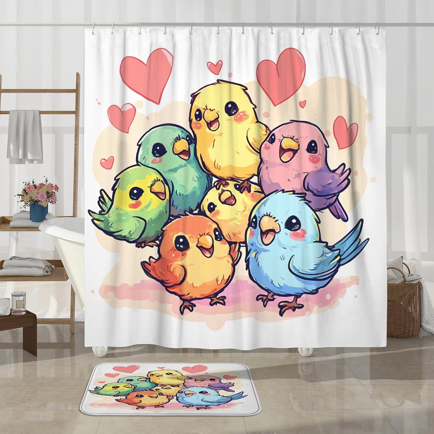DESIHOM 4PCS Funny Cartoon Parrot Shower Curtain Sets with Non-Slip Rug, U Shape and Toilet Lid Cover Mat, Cute Fun Heart Kid Home Decor, Bathroom Accessory with 12 Hooks