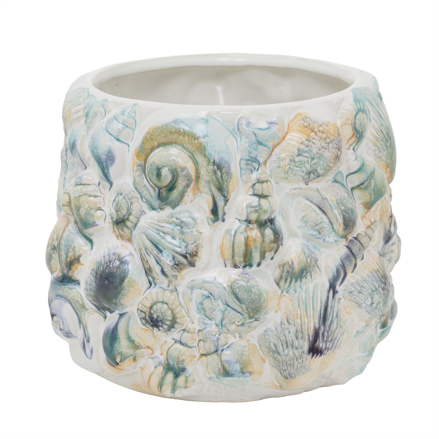Shell Embossed Plant Pot, 16.5cm White Ceramic Coastal Planter Cache Pot