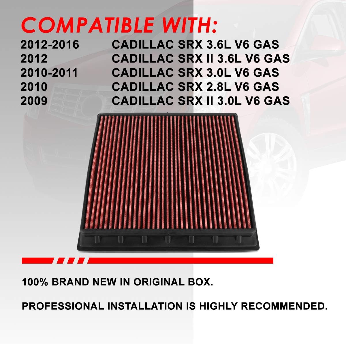 Auto Dynasty High Flow Engine Air Panel Filter Drop-in Reusable & Washable Compatible with Cadillac SRX 3.0L 3.6L/SAAB 9-4X 2.8L 3.0L 10-16 (Red)