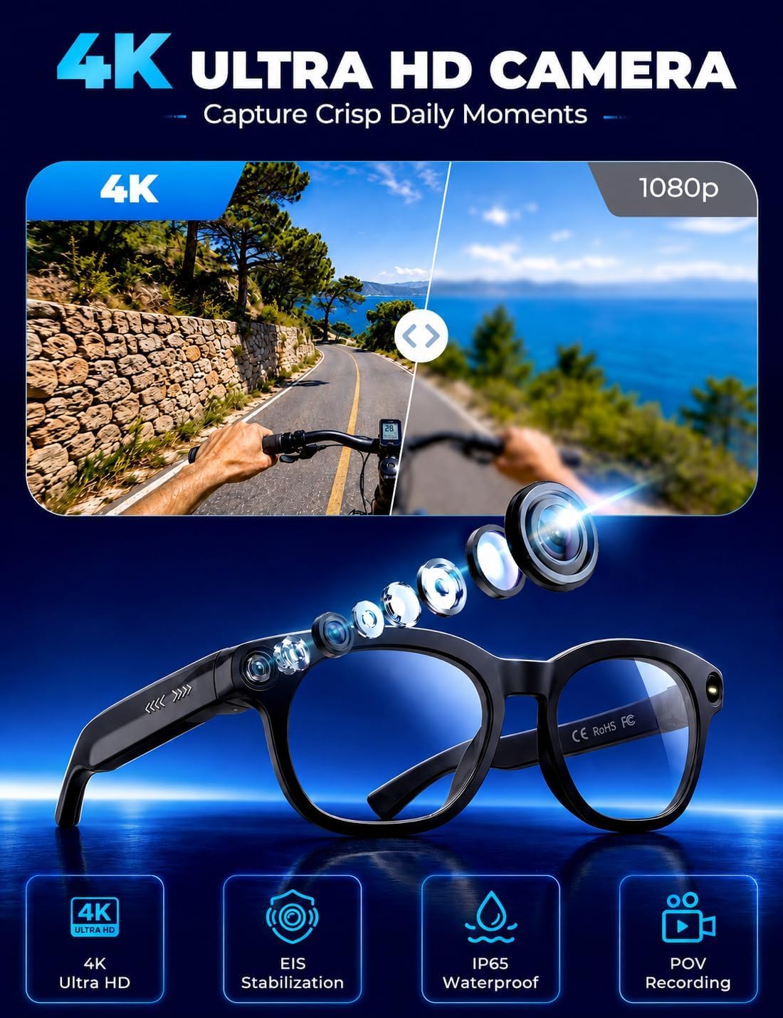 Lunettes intelligentes AI, enregistrement vidéo HD 4K et lunettes de sport Bluetooth