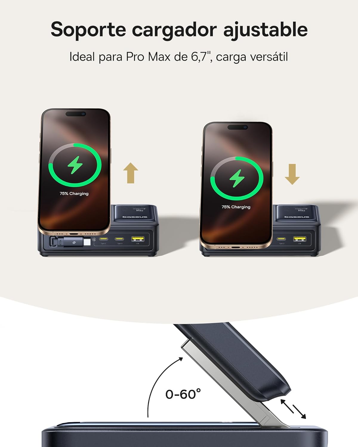 Baseus NOMOS 5 en 1 Estación de Carga, 140 W Cargador USB-C con Cargador MagSafe Qi2.0 de 15 W, Cable Retráctil Tipo C, Conectores 2*USB-C y 1*USB-A y Pantalla Digital, para iPhone/Macbook/Surface 7