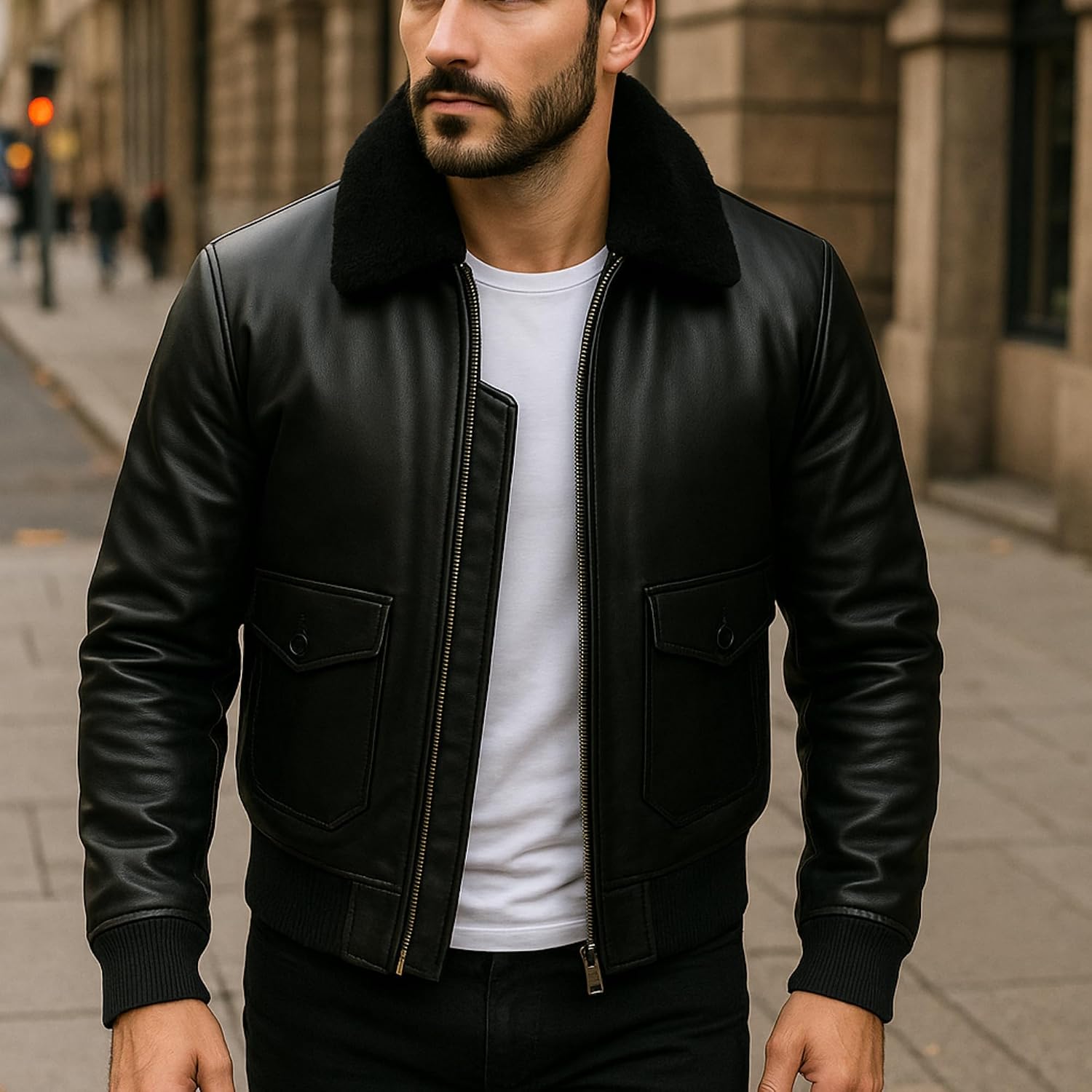 Men's Real Leather Bomber Jacket with Faux Fur Collar – Classic Aviator Style, Zip Closure, Men Outerwear