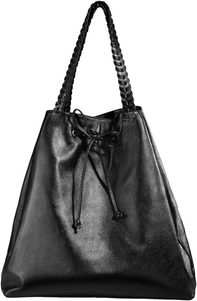 Black Leather 16.5" Large Tote Handbag Shoulder Bag Drawstring Hobo Bag
