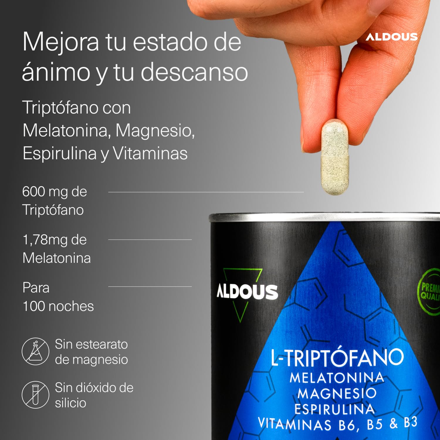 200 Cápsulas Triptofano con Melatonina y Magnesio + Vitamina B6, B5, B3 + Espirulina - Máxima Dosis Sueño + Descanso - 1,78mg de Melatonina con Magnesio - 600mg de Triptófano para Dormir Bien - ALDOUS