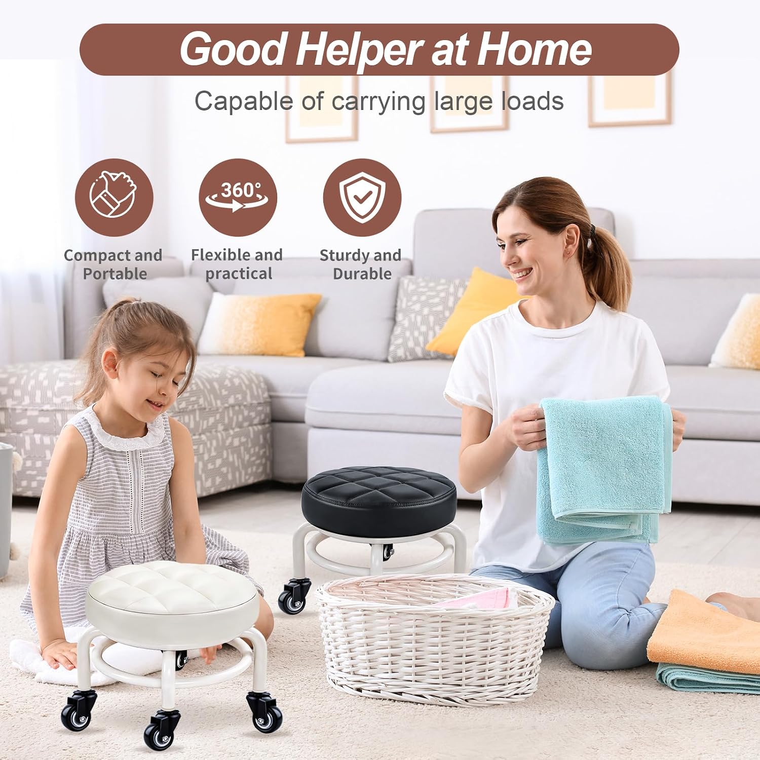 Black Low Rolling Stool with 360°Swivel Caster,PU Leather Rolling Stool Heavy-Duty and Sturdy,Modern Rolling Chair for Home Office Garage Shop
