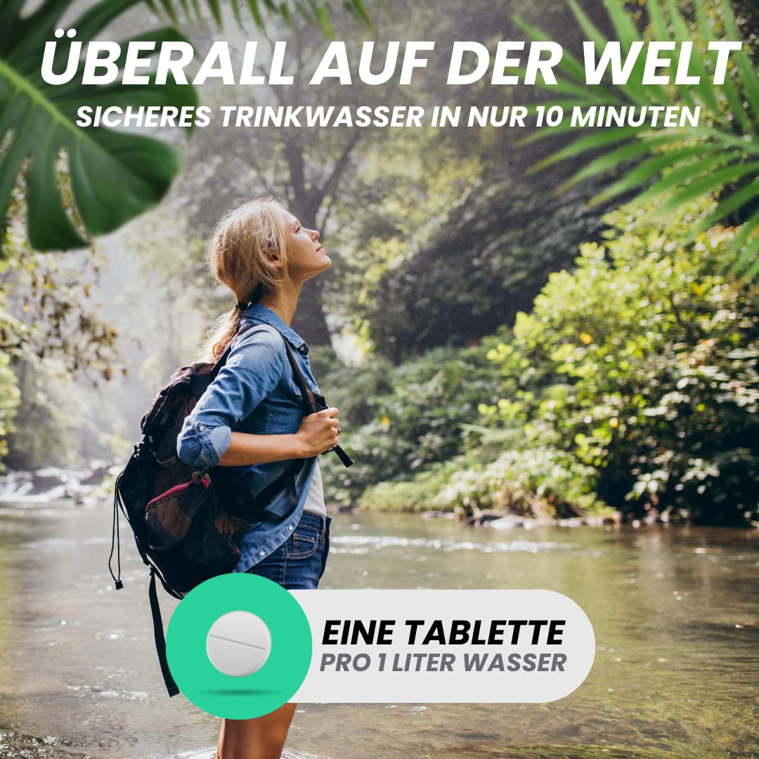 Blue Lake Travel Wasseraufbereitung Trinkwasser (4x30 Tabletten) - Wasserentkeimung & Trinkwasseraufbereitung - Chlordioxid Tabletten - Blackout Notfallrucksack - Notfall Ausrüstung
