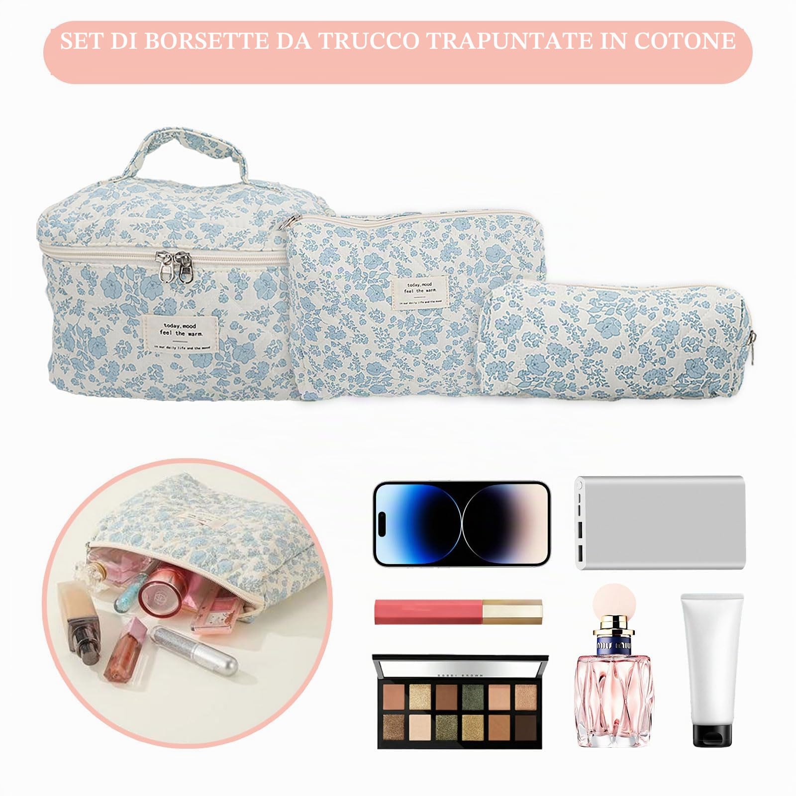 3 Pezzi Borsa Cosmetica Trapuntata, Beauty Case Da Viaggio Donna Grande Capacità Pochette Portatrucchi Viaggio Borsa Cosmetica Grande Beauty Trapuntato Grandei Da Toilette Makeup Bag Organizer