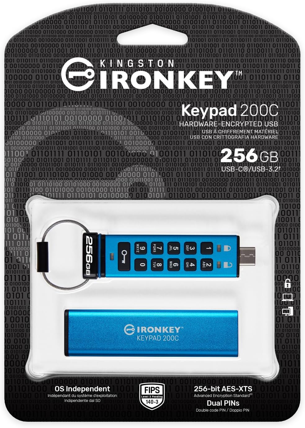 Kingston Ironkey Keypad 200 USB-C 256GB Encrypted Flash Drive | OS Independent | FIPS 140-3 Level 3 | XTS-AES 256-bit | BadUSB and Brute Force Protection | Multi-Pin Option | IKKP200C/256GB - Image 4