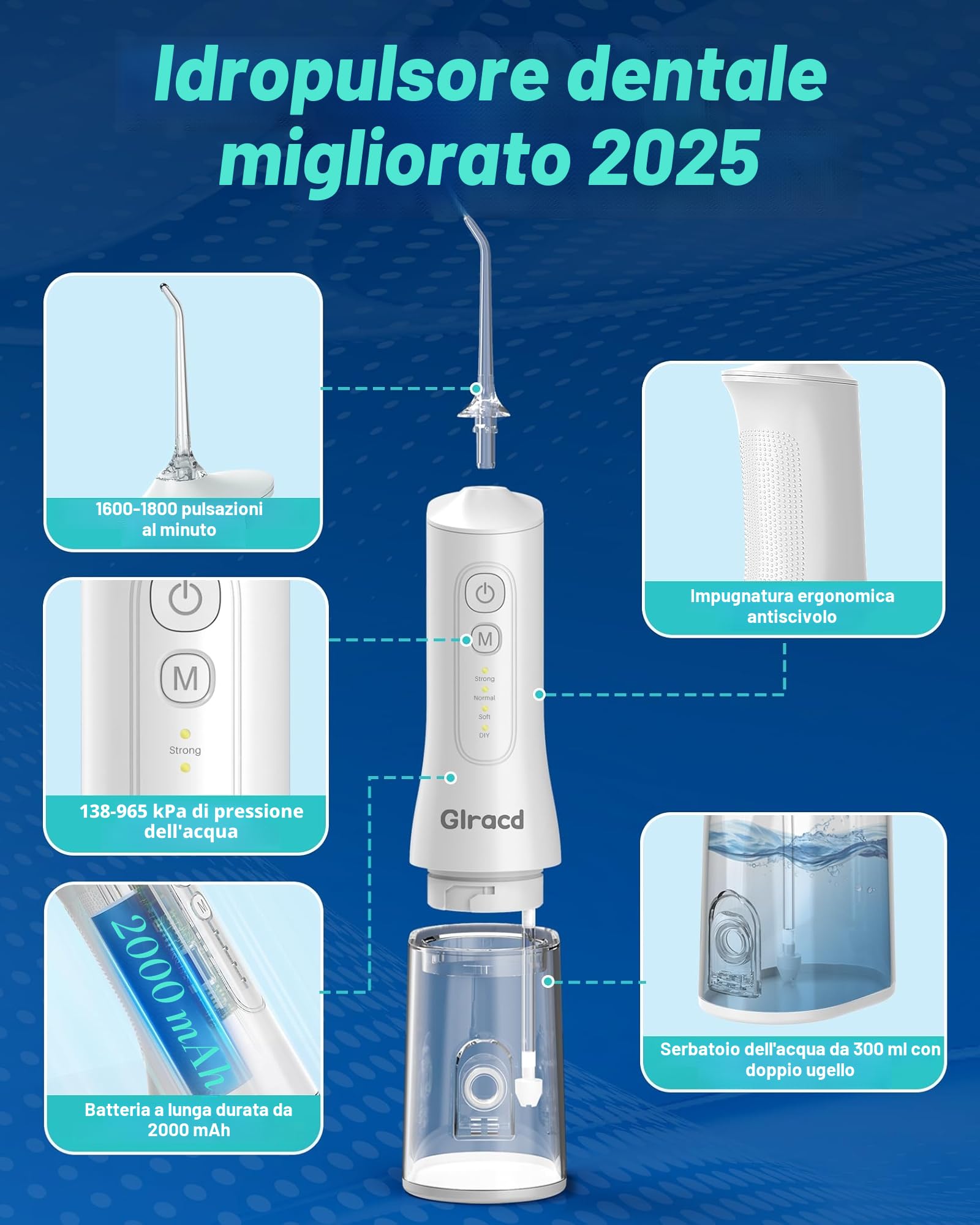 Glracd Vincitore del test per l'irrigatore orale 2025, 4 modalità, innaffiatore d'acqua professionale, senza fili, serbatoio da 300 ml, detergente interdentale con 6 punte a getto di pressione