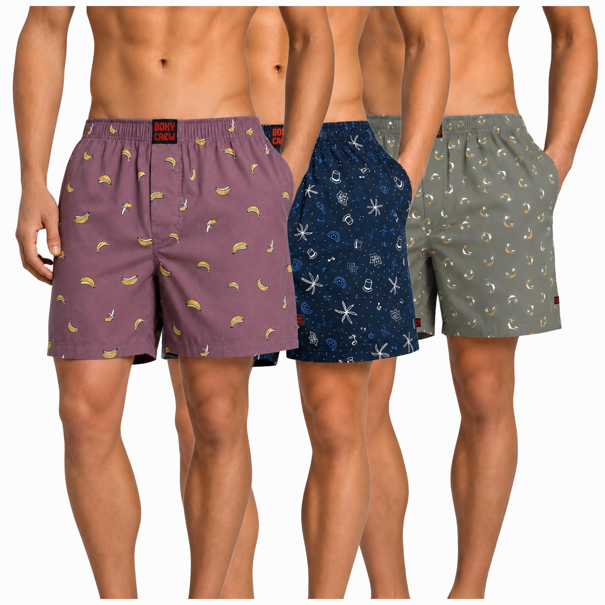 Men's 100% Cotton Boxer Shorts Pack of 3, Rose Pink, Navy Blue & Green | Woven Boxers with Side Pockets, No-Marks Elastic Waistband, Breathable Relaxed Fit | Style 006-007-008-image-27