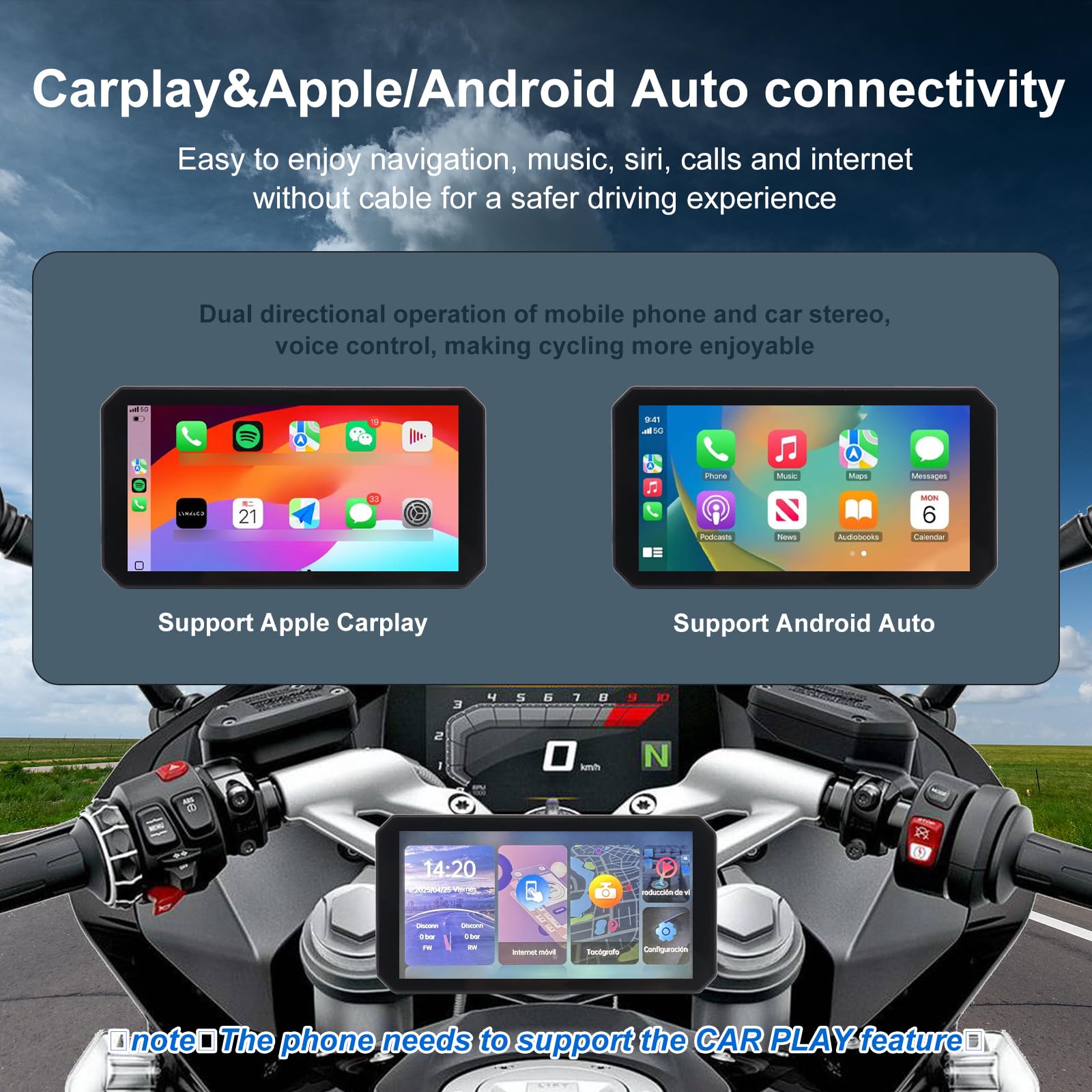 Navigatore Moto CarPlay 6 Pollici Schermo Senza Fili Android Auto GPS Impermeabile IP67 64GB