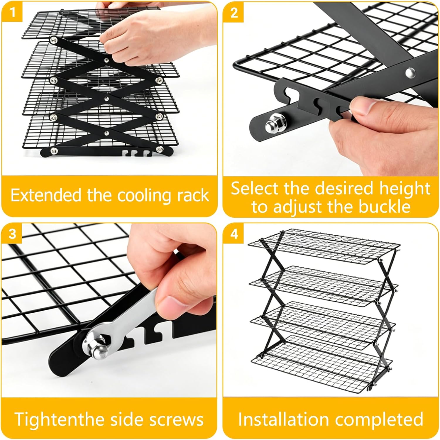 Cooling Racks - Upgraded 4 Tier Collapsible Bread Cooling Rack with Adjustable 3 Setting Design Foldable Stackable Wire Cookie Rack Large Cookie Cooling Racks for Cooking and Baking Gifts for Women