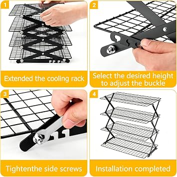 Cooling Racks - Upgraded 4 Tier Collapsible Bread Cooling Rack with Adjustable 3 Setting Design Foldable Stackable Wire Cookie Rack Large Cookie Cooling Racks for Cooking and Baking Gifts for Women