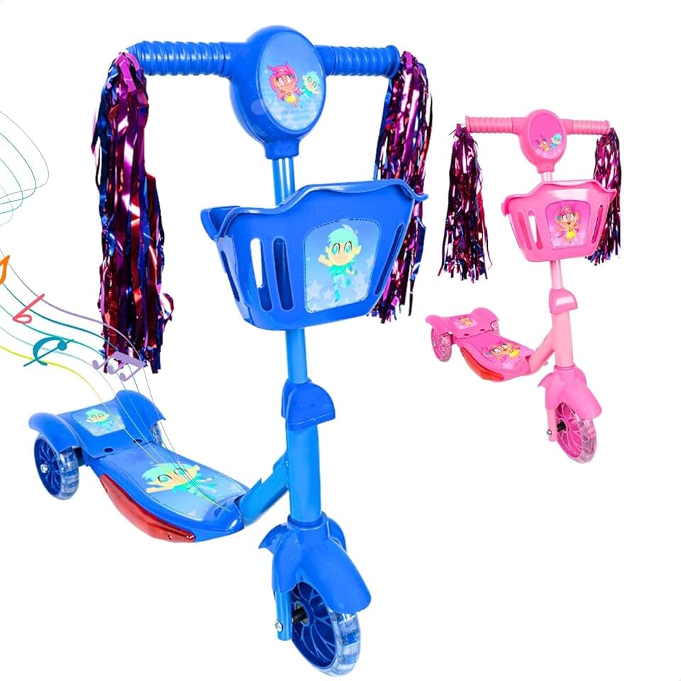 Patinete Infantil 3 Rodas com Luzes Led e Cesta Emite Som Musical Altura Regulável e Freio Traseiro (AZUL)