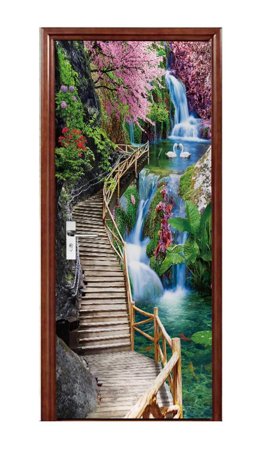A.Monamour Adesivo Porta Autoadesiva 3D Passerella In Legno Fino Alla Cima Del Paesaggio Del Giardino A Cascata Vinile PVC Adesivi per Porte Interne Pellicola Adesiva Poster Murale Parete 90x200cm