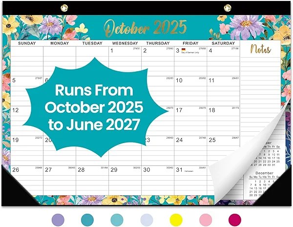 Desk Calendar 2025-2026, 21 Months Calendar Runs from October 2025 to June 2027 - Large 17" x 12" Desktop/Wall Monthly Calendar for Home School, or Office - Floral Pattern