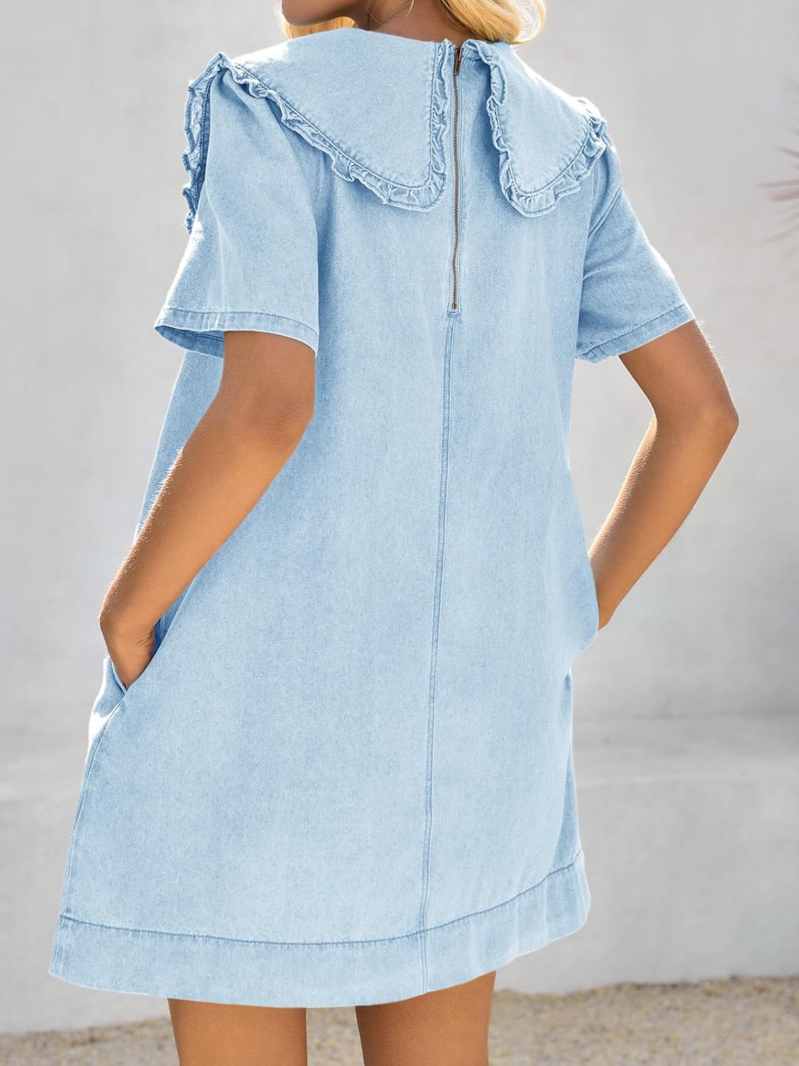 Wenrine Womens Summer Denim Mini Dress Oversized Peter Pan Collar Short Sleeve Casual Flowy Babydoll Jean Dresses - Image 5