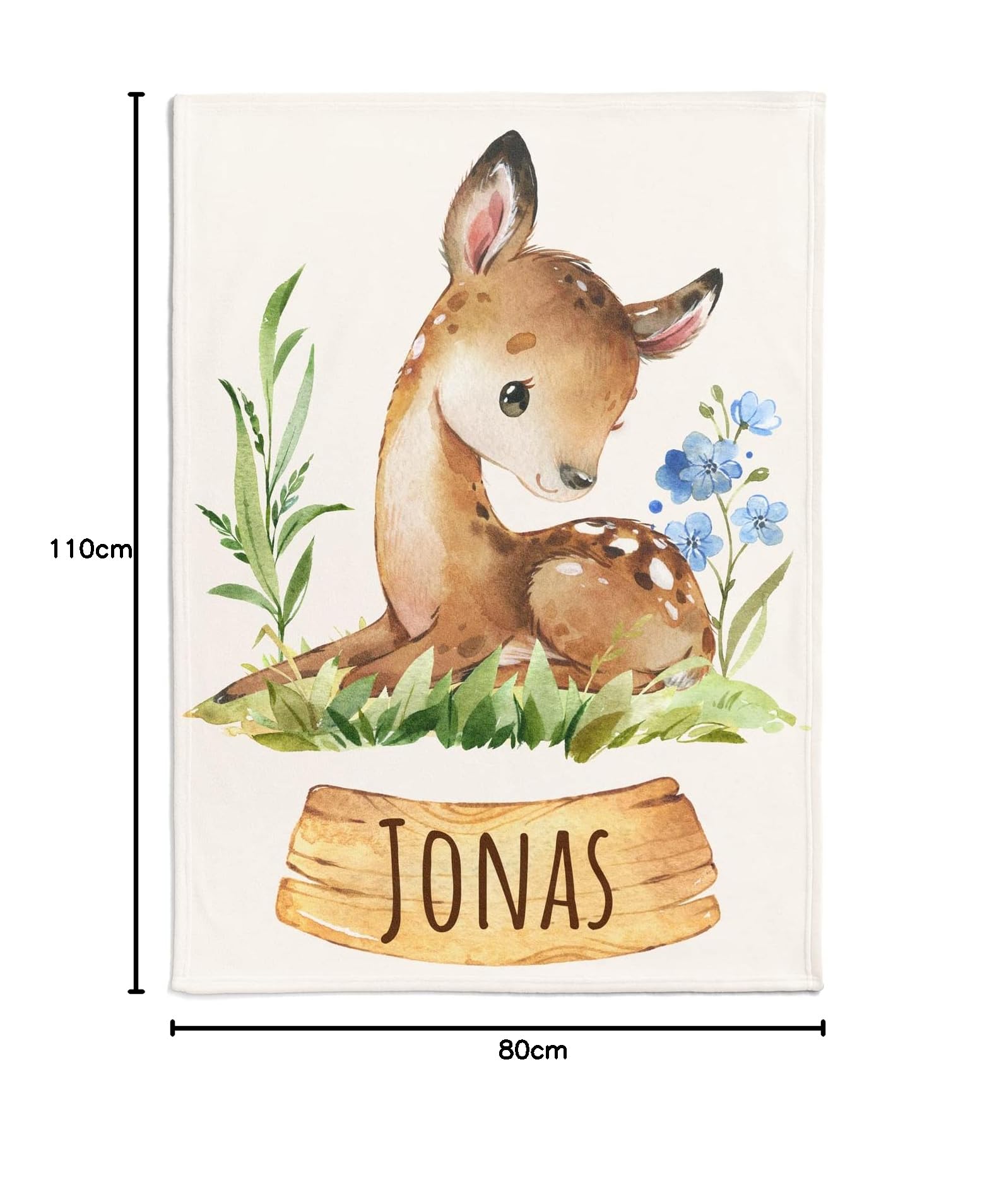 Personalisierte Babydecke mit Rehlein & Blumen Motiv | Kinderdecke personalisierbar mit Wunsch Name & Rehgeiß | Baby Decke Namensdecke (REH), 80 x 110 cm
