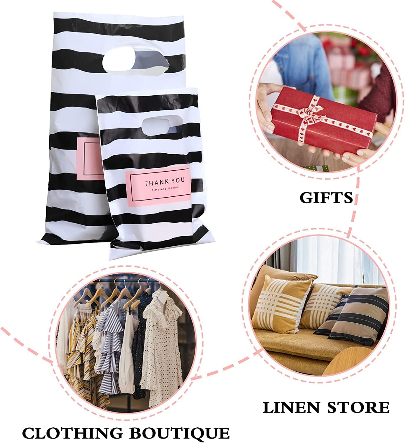 300PCS 3 Size Thank You Merchandise Bag, Die Cut Plastic Shopping Bag With Handles, Gift Boutique Goodie Bags for Party, Stores, Business, Retail (Stripe) - Image 4