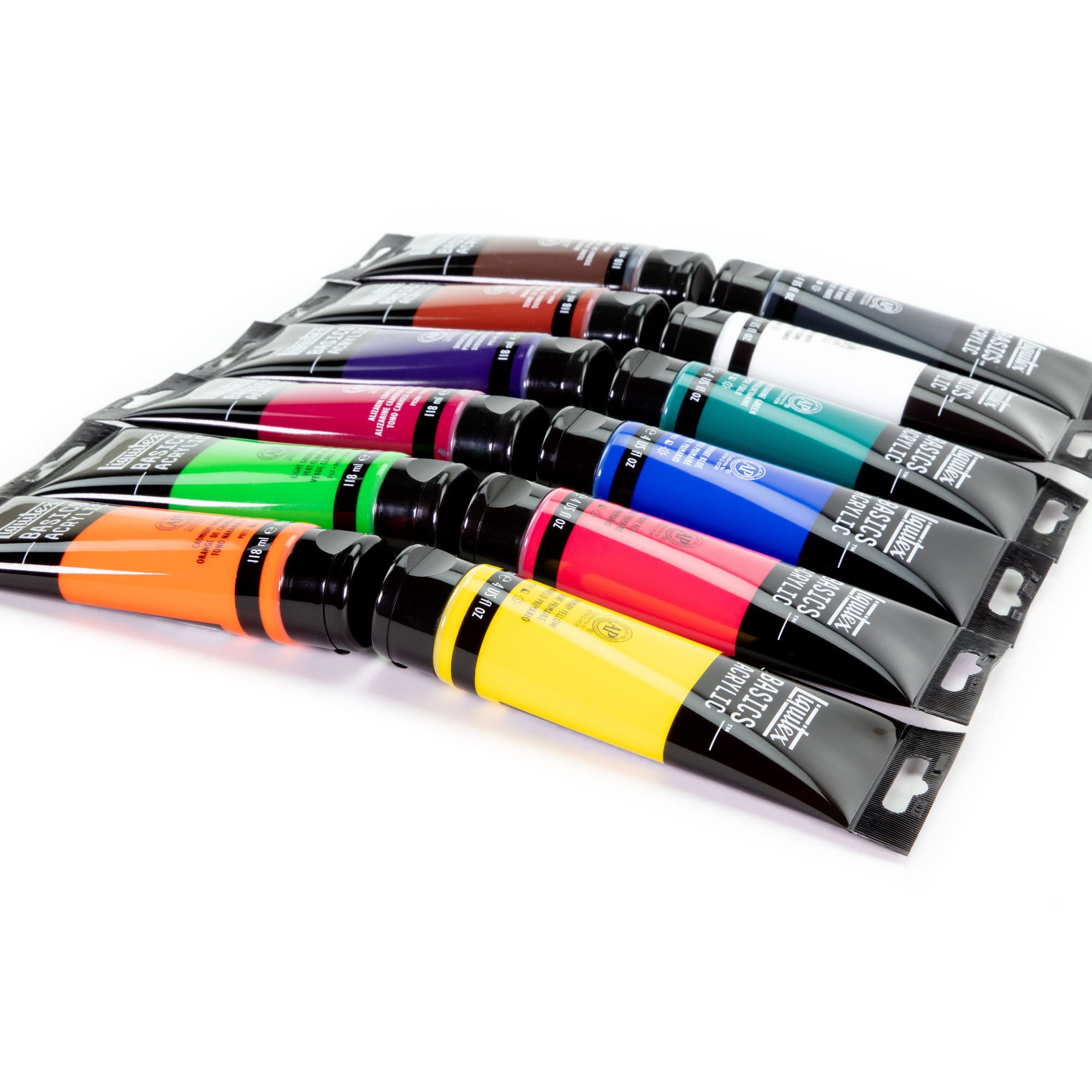 Liquitex 3699391 Basics - Pittura acrilica, Pigmenti per artisti monopigmentati, Resistente alla luce, durevole nel tempo, Finitura satinata, Set di colori 12 Tubi da 118 ml