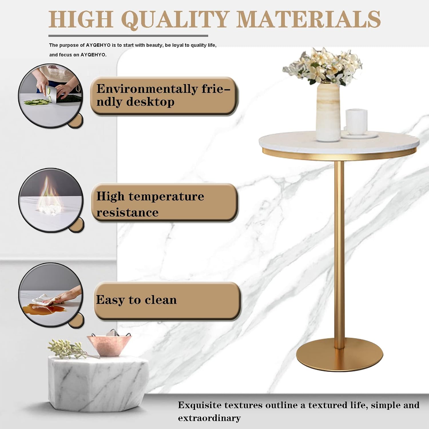 Round Pub Bar Table,Round Pub Table Coffee Table 21.6/23.6in White Marble Metal Base Vertical Breakfast Table Easy to Clean Balcony/Living Room/Dining Room (30/37/41in)