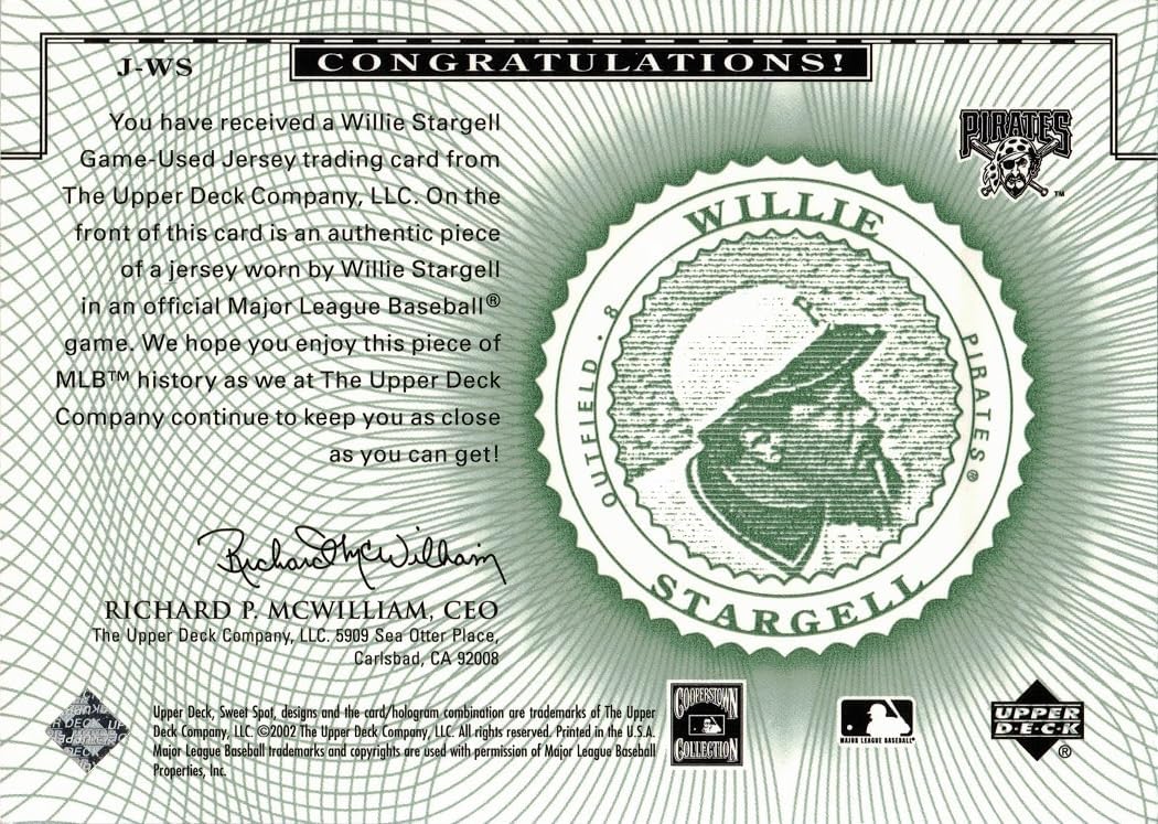 2002 Upper Deck Sweet Spot Classic #J-WS Willie Stargell Game Worn Jersey Baseball Card