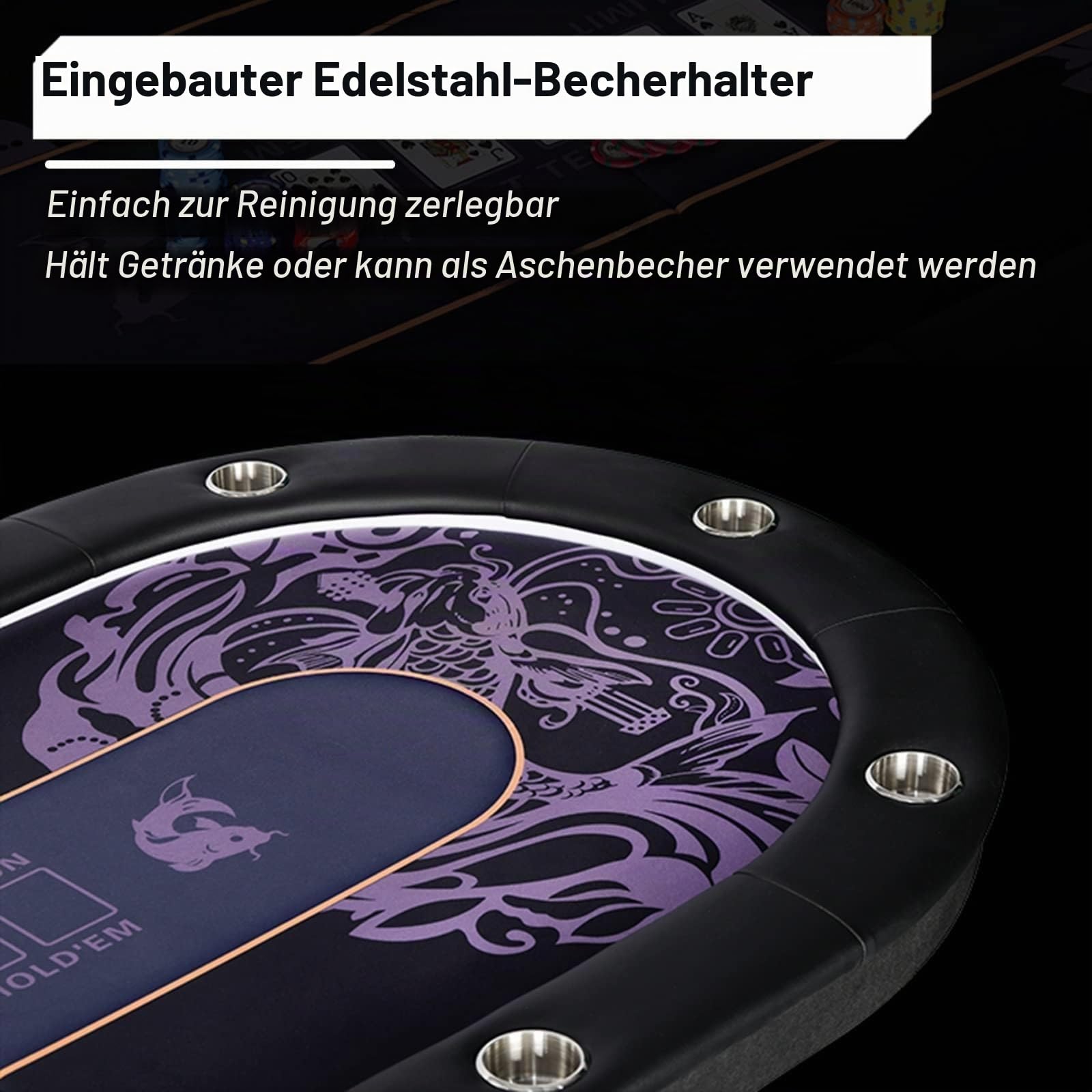 Klappbarer Pokertisch für 10 Spieler mit blauen LED-Lichtern, Getränkehaltern aus Edelstahl und zusammenklappbaren Beinen – Casino Tischplatte Texas Holdem Pokertisch