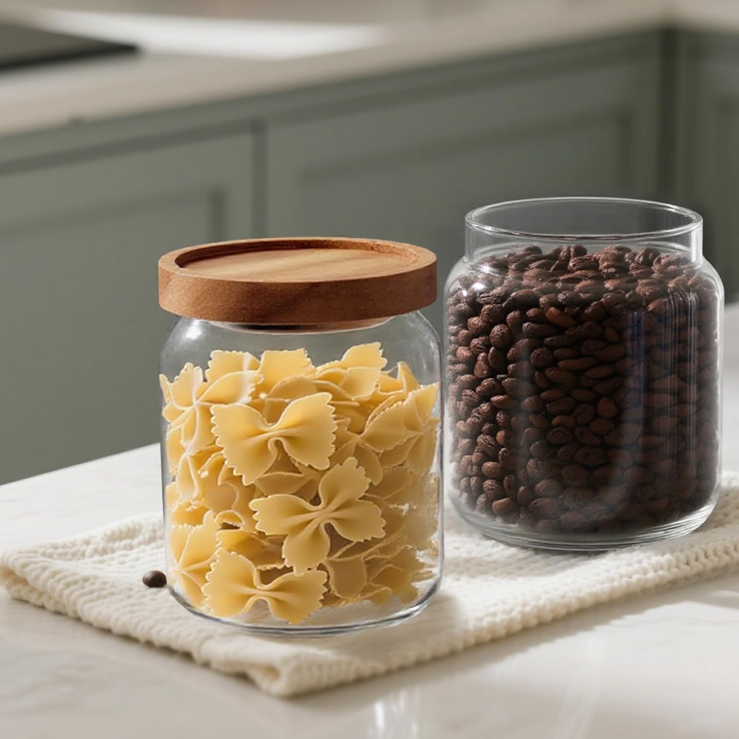 16 Pcs 17 oz/500 ml Glass Canister with Lids Clear Airtight Sealed Storage Jars Borosilicate Glass Pantry Kitchen Food Containers for Serving Spice Sugar Candy Beans Nuts Coffee Tea (Wood)