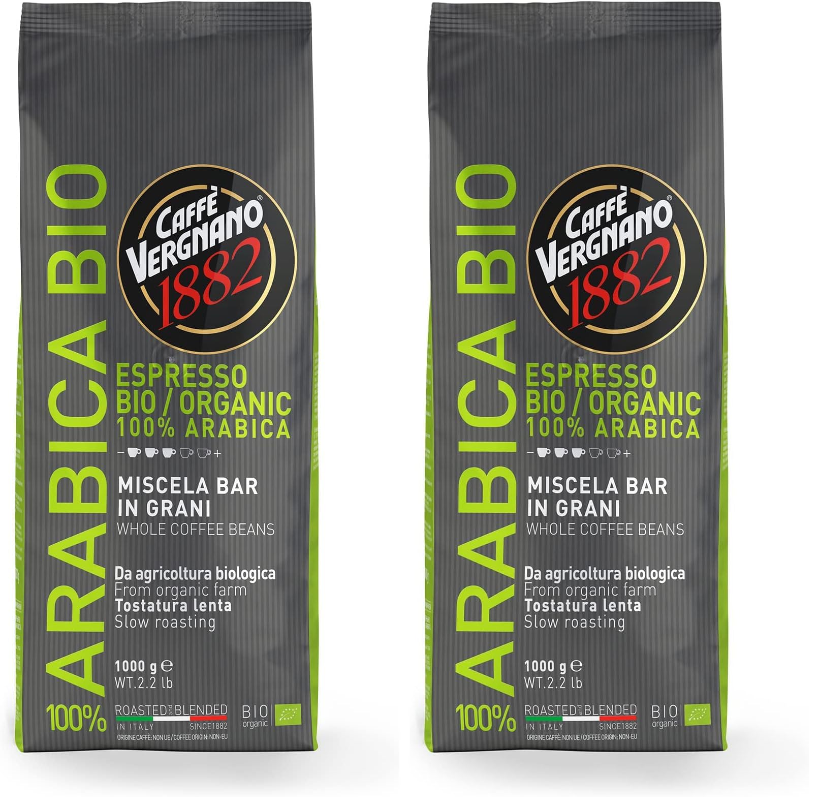 Caffè Vergnano 1882 Kaffeebohnen 100% Arabica Bio - 1 Packung enthält 1 Kg (Packung mit 2)