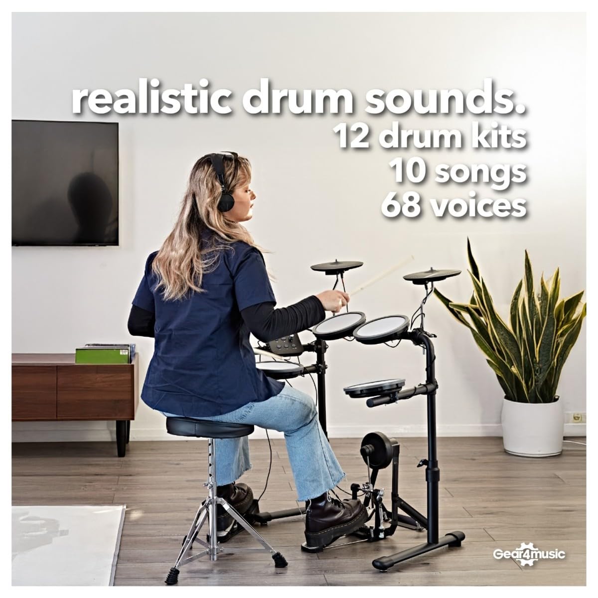 VISIONDRUM+ Batería Electrónica 8 Pads en Malla, Hi-Hat, Kick y Ampli | Kit de Batería Eléctrica Adultos y Niños, Altura Regulable, Diseño Plegable, Ampli, Auriculares, Taburete y Baquetas
