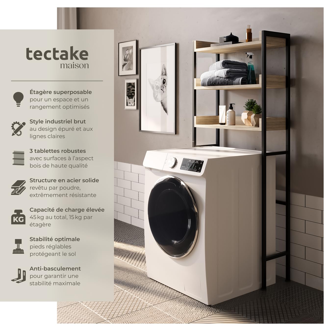 tectake® Étagère de Salle de Bain Meuble Salle de Bain en Bois et Acier 3 Niveaux 63 x 25 x 165 cm Meuble Industriel Meuble de Rangement WC avec système Anti-basculement, Meuble de Salle de Bain