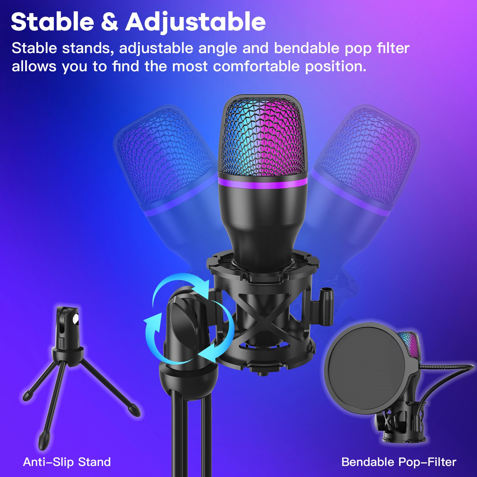 Microfono USB da gioco per PC - Microfono a condensatore RGB con treppiede, filtro pop, per streaming, podcast, chat online e videoconferenze