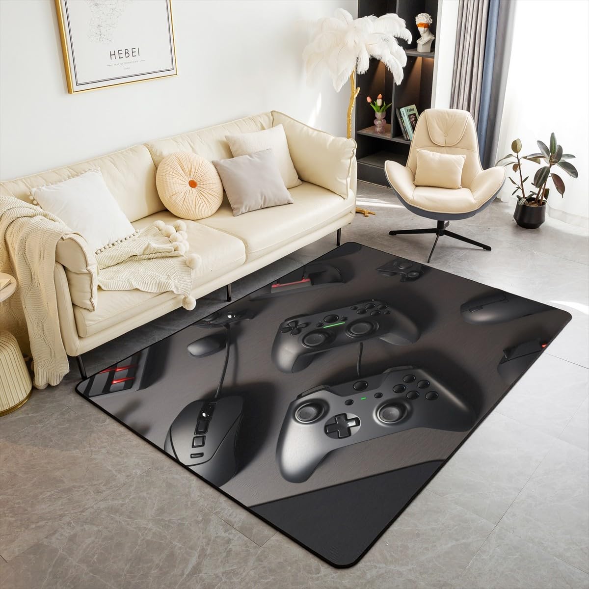 Loussiesd Dywan do salonu dla graczy, 100 x 150 cm, gamingowy dywan akcentujący dla chłopców, dziewcząt, nastolatków, nowoczesny kontroler konsoli do gier, mata podłogowa, joystick, czarna