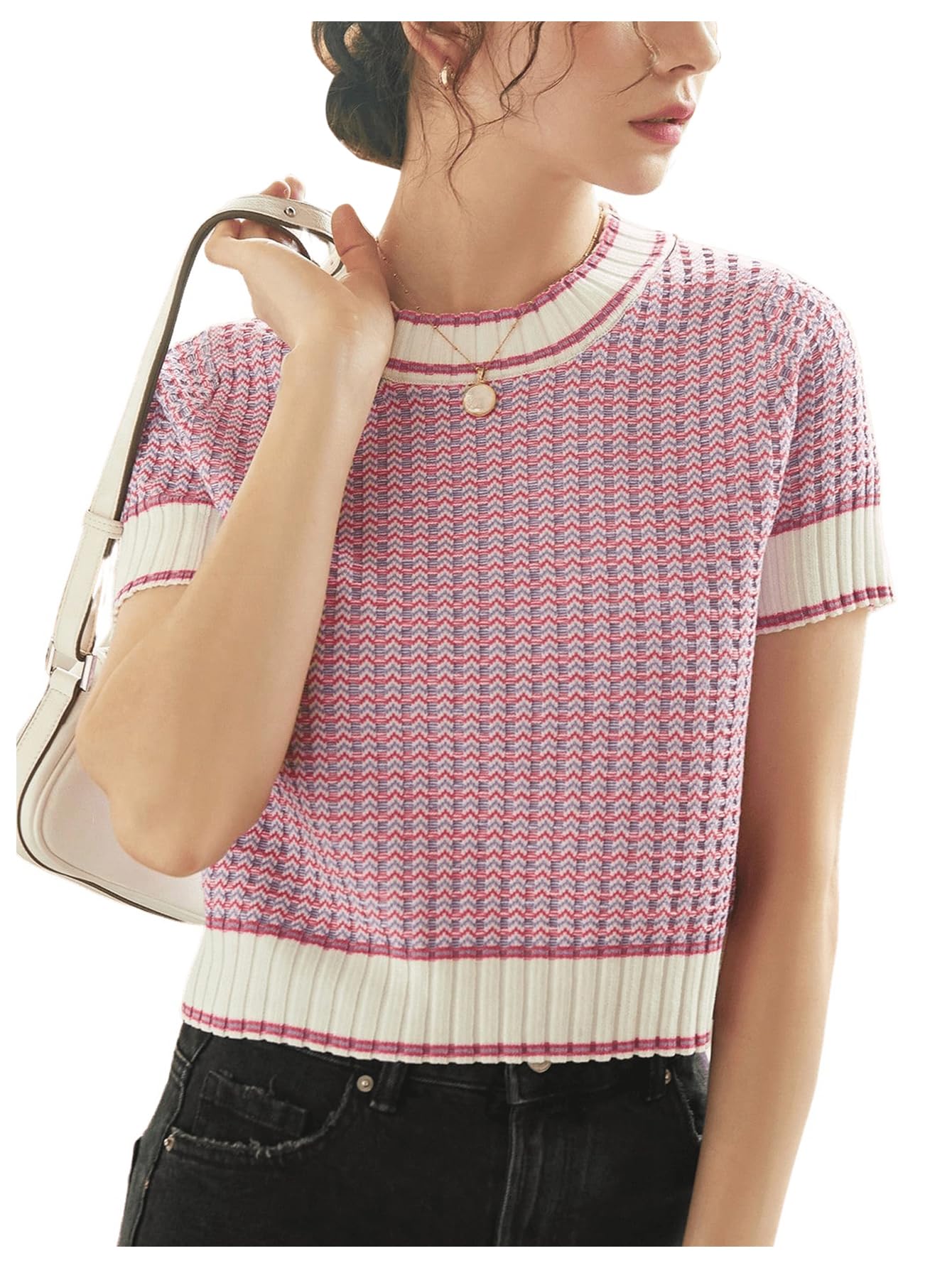 GORGLITTER Women's Short Sleeve Cropped Sweater 2025 Fall Ribbed Knit Striped Pullover Crop Tops