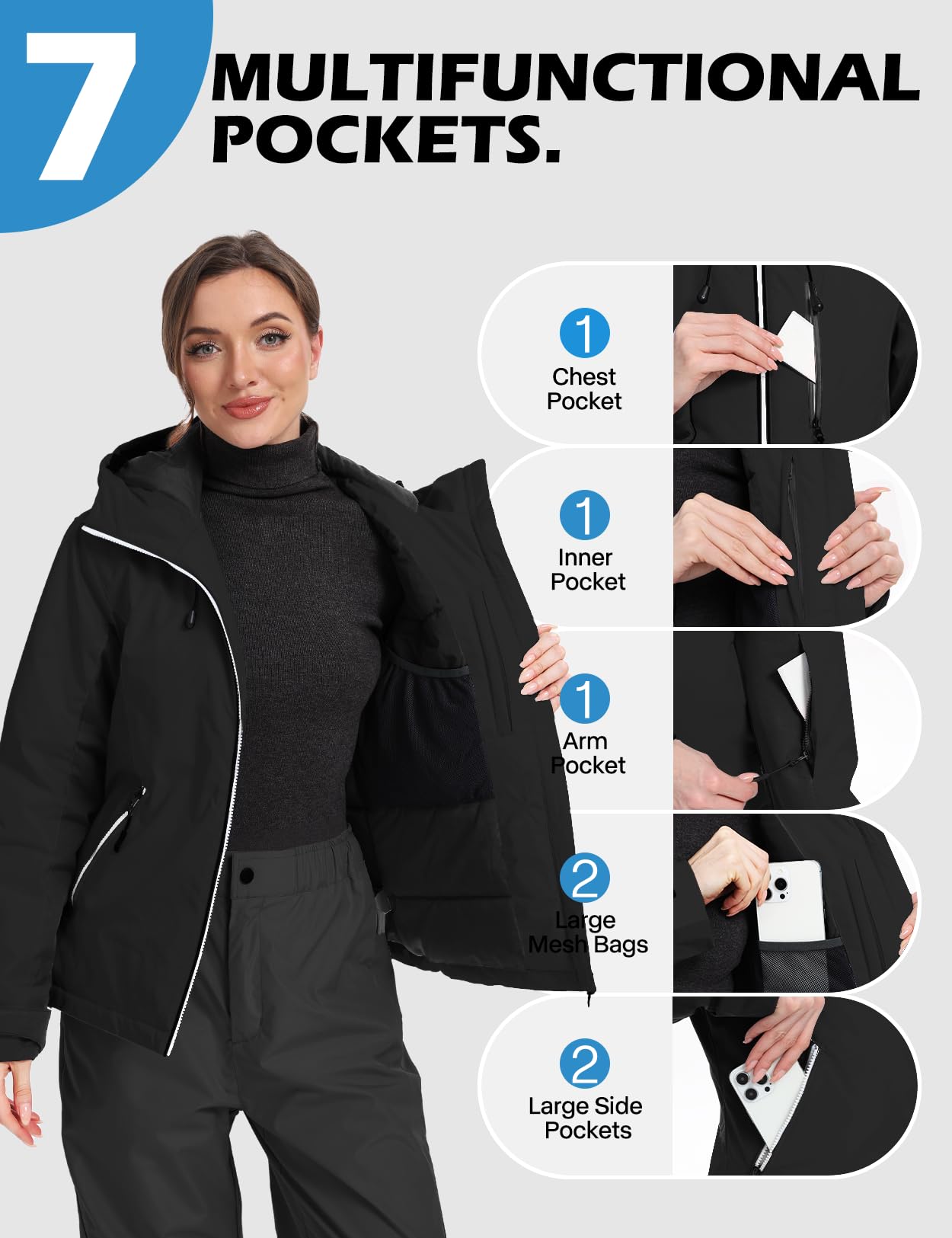 GEMYSE Veste de Ski Femme Imperméable Coupe-Vent Manteau Chaud Capuche Réglable Multi-Poches Randonnée Neige