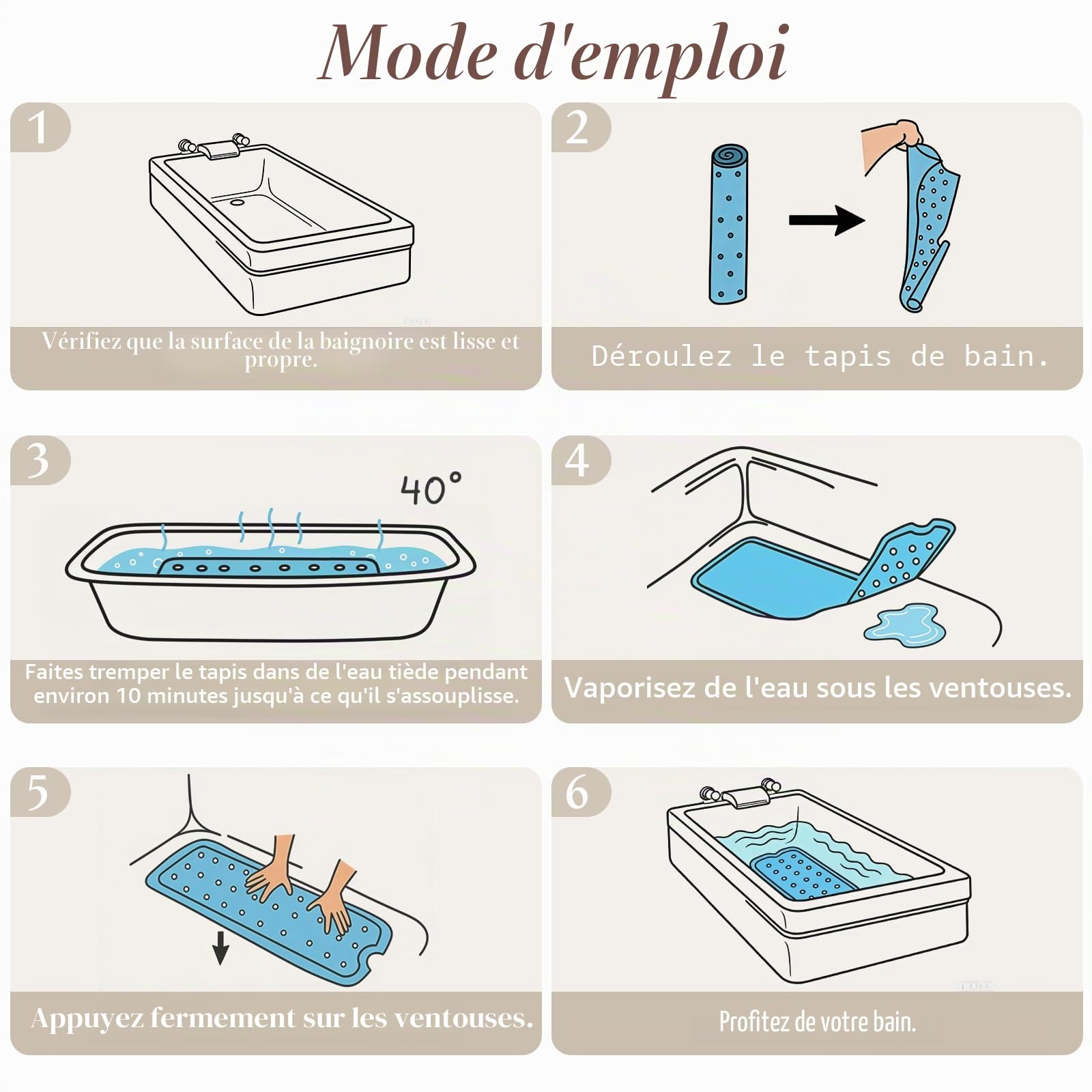 SHUCHING Tapis de Baignoire Antidérapant Boho Beige 100 X 40 cm | Tapis de Bain Antidérapant, Tapis de Douche Lavable en Machine et Anti Moisissure