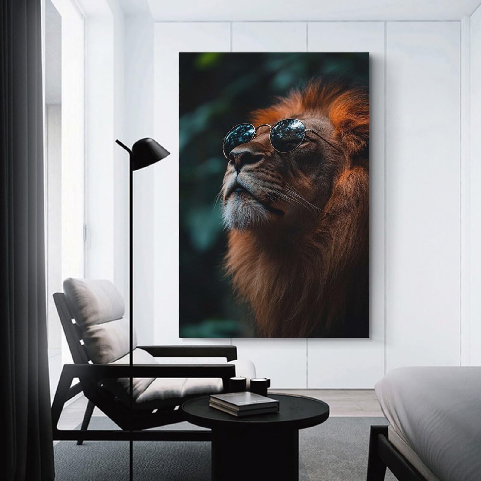 Junmoney Canvas Art Print Cool Lion with Sunglasses, 24x36inch(60x90cm), for Office, Study Or Home Workspace, Decorative Artwork for Productive Spaces