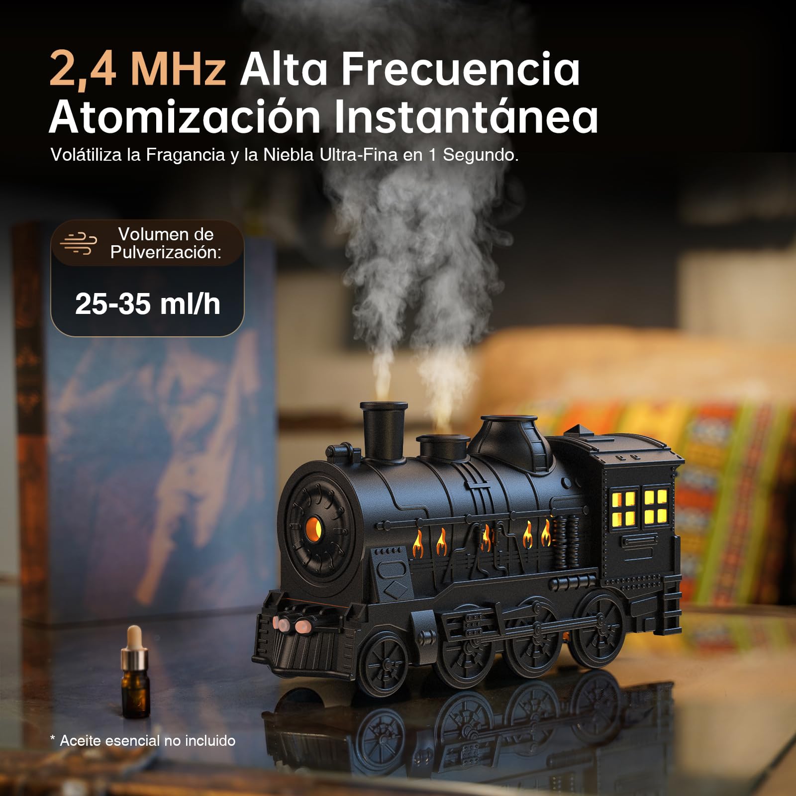 Jeebel Difusor Aroma para Aceite Esencial - 300 ml Difusor con Estilo de Tren, Efecto Llama, Mando a Distancia, Enchufe UE - Mini Humidificador de Vapor Frío para Aromaterapia en Dormitorio Oficina